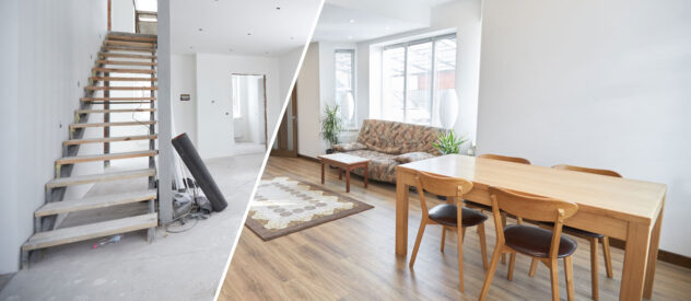 Moderner Wohnraum mit offener Treppe, Sofa, Teppich und Esstisch mit Stühlen in hellem Ambiente