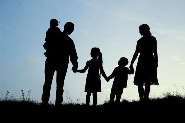 Silhouetten einer Familie mit zwei Erwachsenen und drei Kindern, die auf einer Wiese stehen und sich an den Händen halten